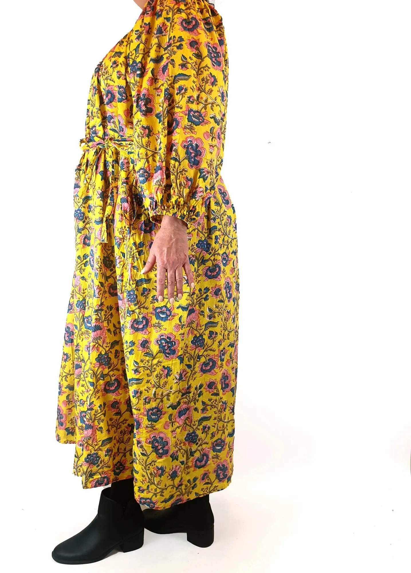 Little Tienda yellow floral print long sleeve maxi dress fits size 16-18