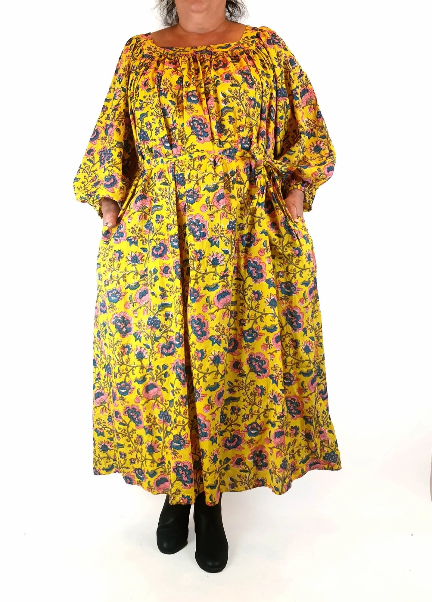 Little Tienda yellow floral print long sleeve maxi dress fits size 16-18