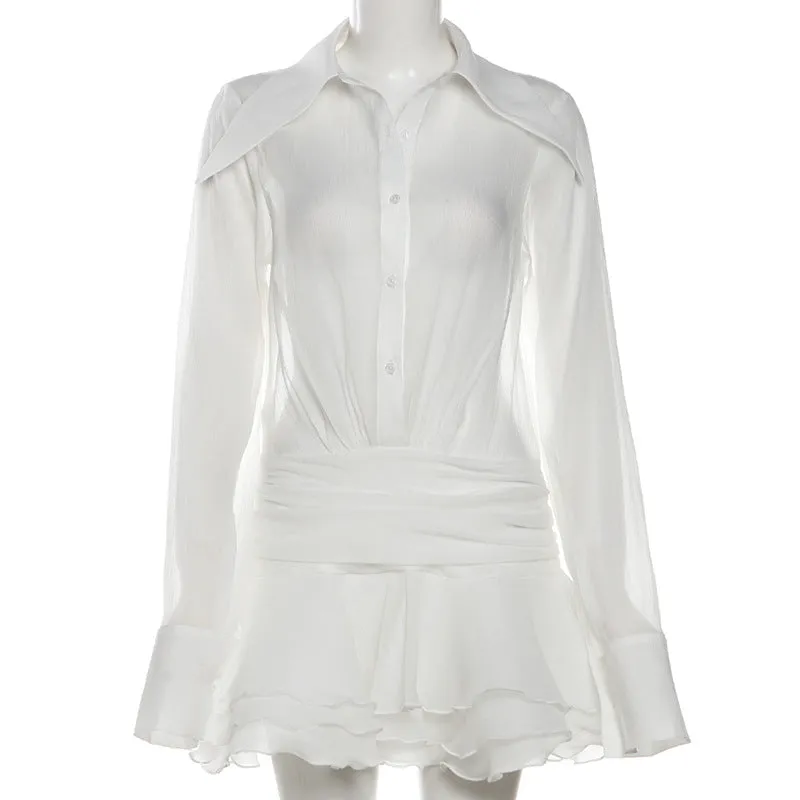 Long Sleeve Button Down 3D Flower Mini Dress