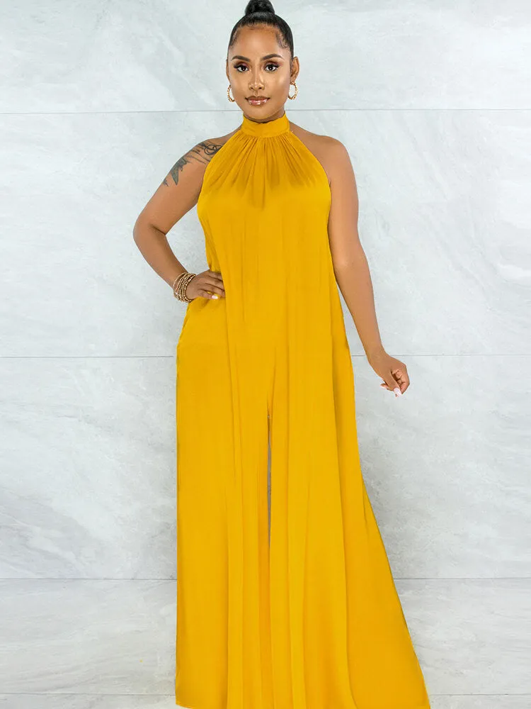 Loose Fit Halter Backless Wide Leg Jumpsuit