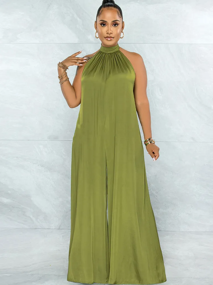 Loose Fit Halter Backless Wide Leg Jumpsuit