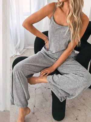Loose Sleeveless Pockets Solid Color Split Joint Round Neck Jumpsuits Minguca