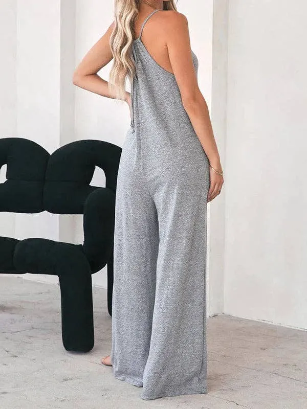 Loose Sleeveless Pockets Solid Color Split Joint Round Neck Jumpsuits Minguca