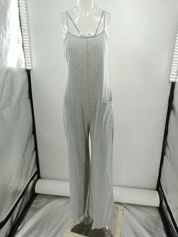 Loose Sleeveless Pockets Solid Color Split Joint Round Neck Jumpsuits Minguca