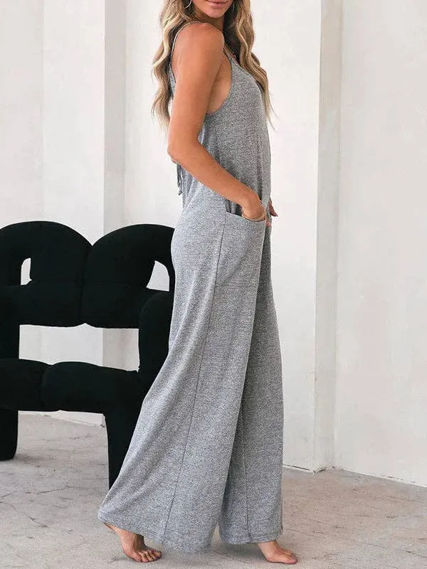 Loose Sleeveless Pockets Solid Color Split Joint Round Neck Jumpsuits Minguca