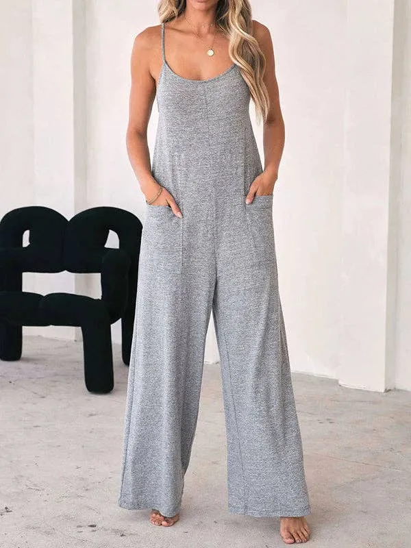 Loose Sleeveless Pockets Solid Color Split Joint Round Neck Jumpsuits Minguca