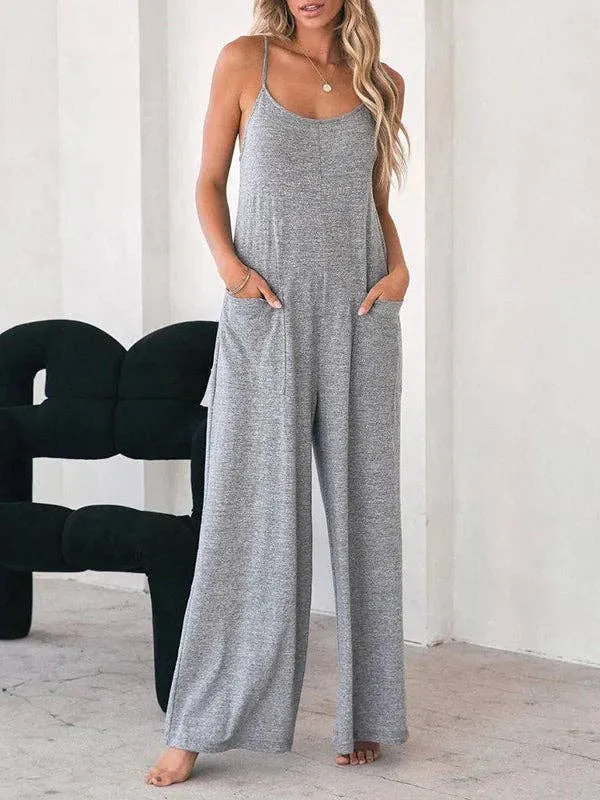 Loose Sleeveless Pockets Solid Color Split Joint Round Neck Jumpsuits Minguca