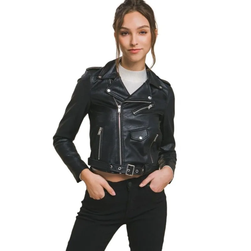 Love Tree Black Faux Leather Zip Up Biker Moto Jacket 8654JH