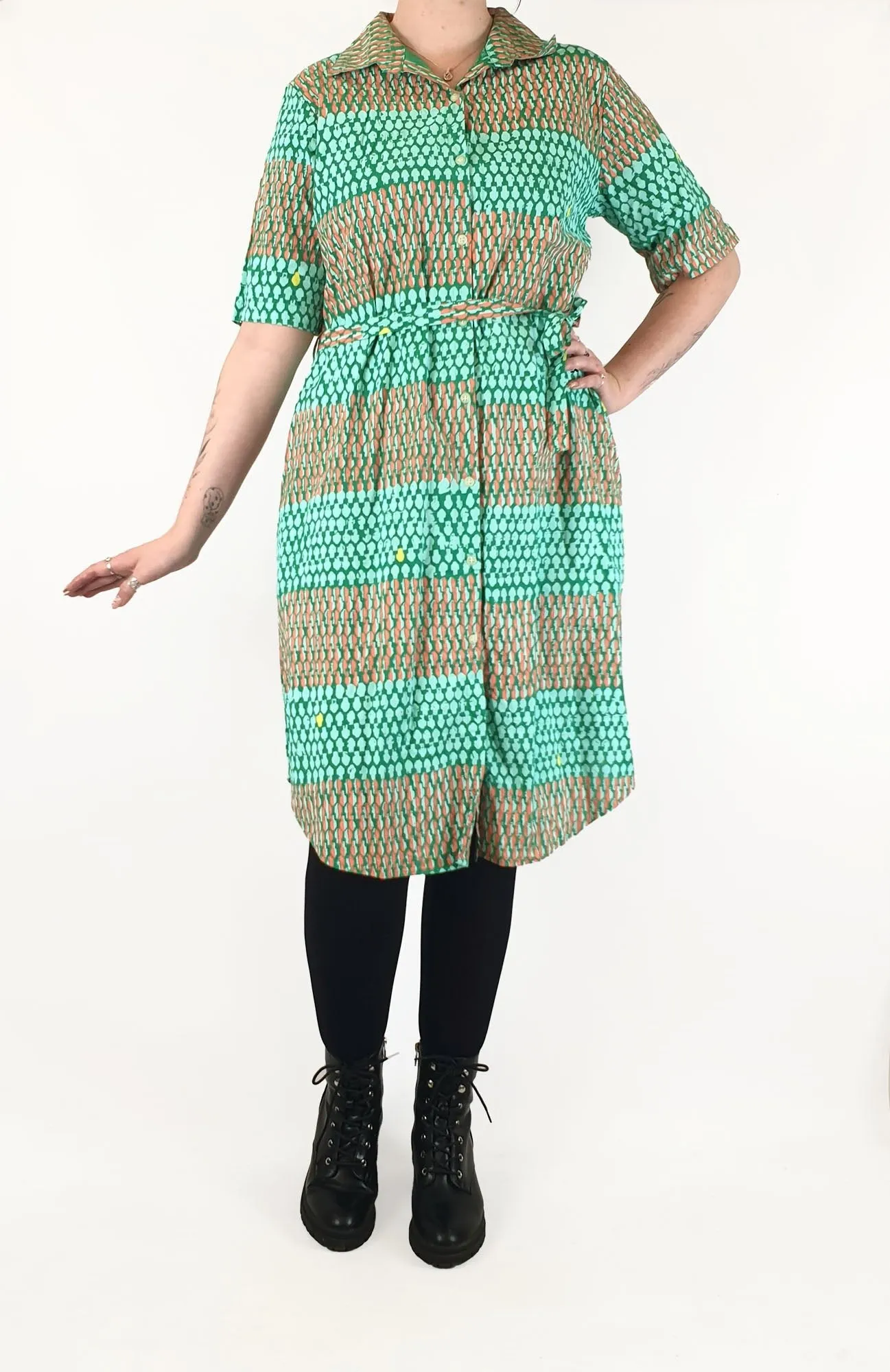 Magpie Goose stunning green and red print shirt dress size 14 (best fits 12-14)