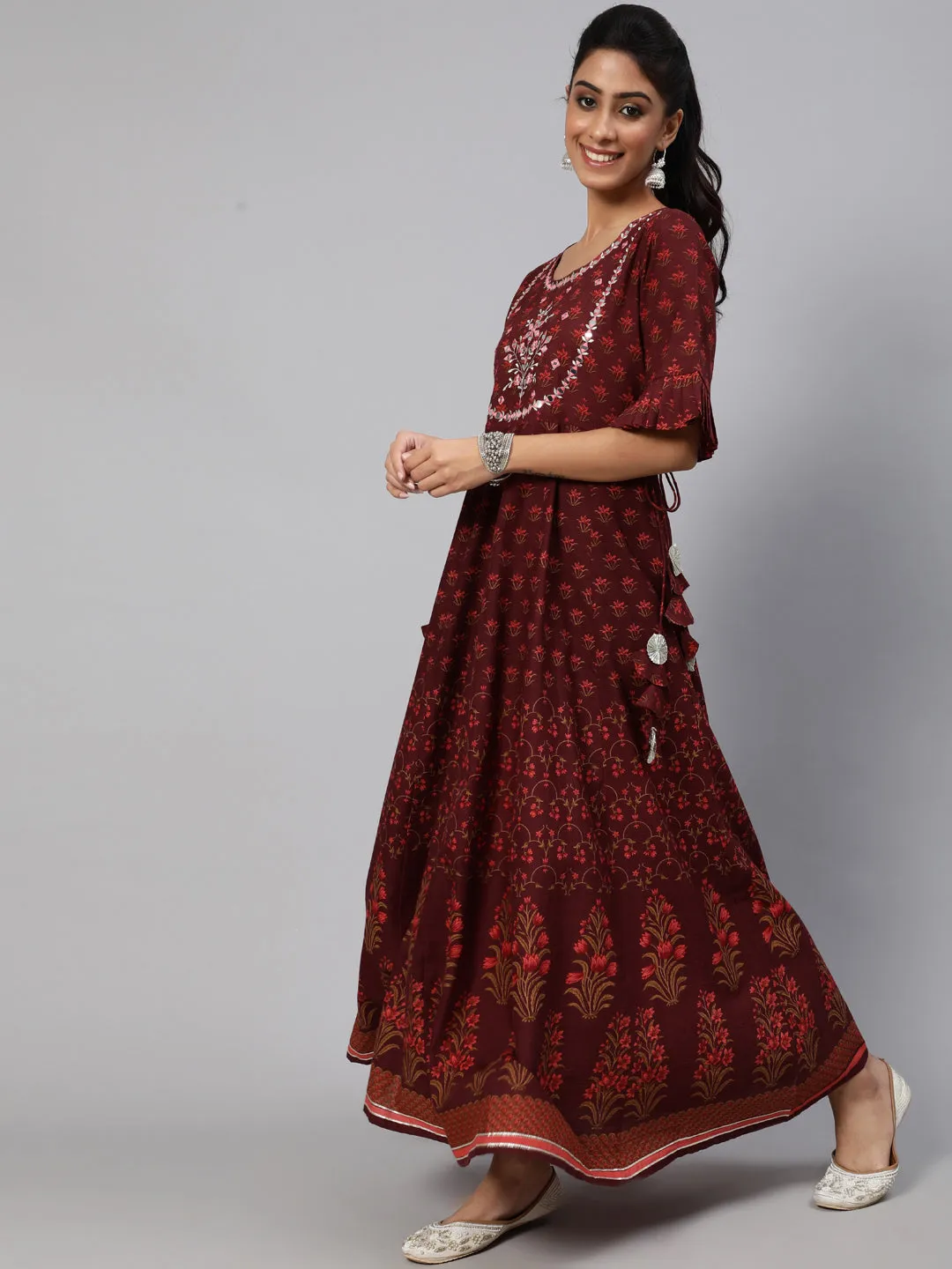 Maroon Floral Print Flared Maxi Dress