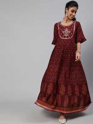 Maroon Floral Print Flared Maxi Dress