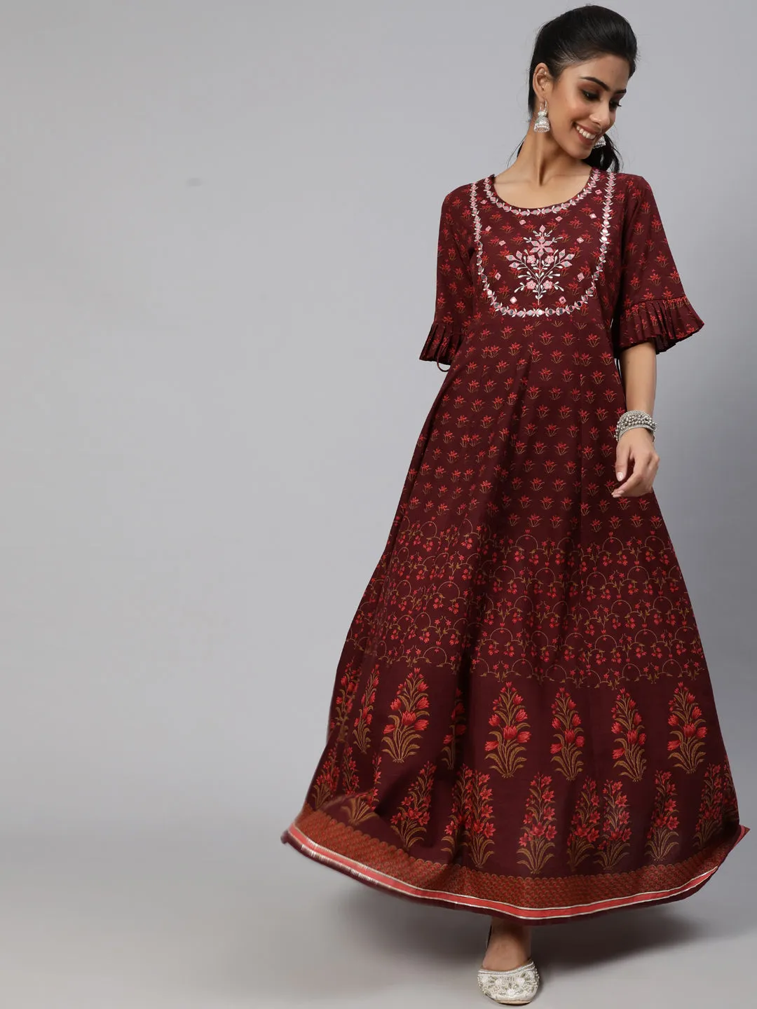 Maroon Floral Print Flared Maxi Dress