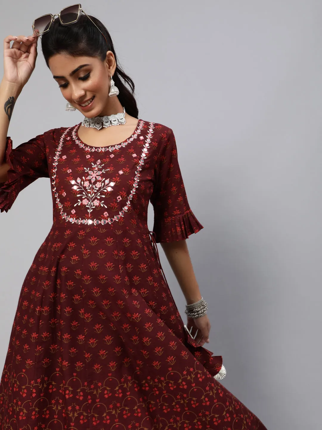 Maroon Floral Print Flared Maxi Dress