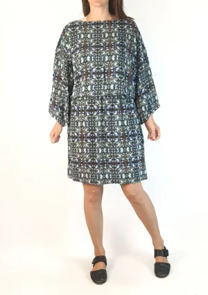 Megan Park elegant 100% silk blue-toned long sleeve dress size 1 (best fits size 8)