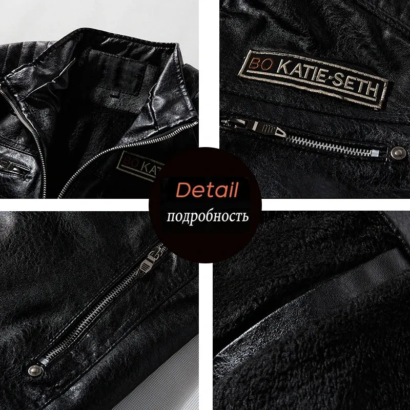 Men Winter Fleece Motorcycle Faux Leather Jacket