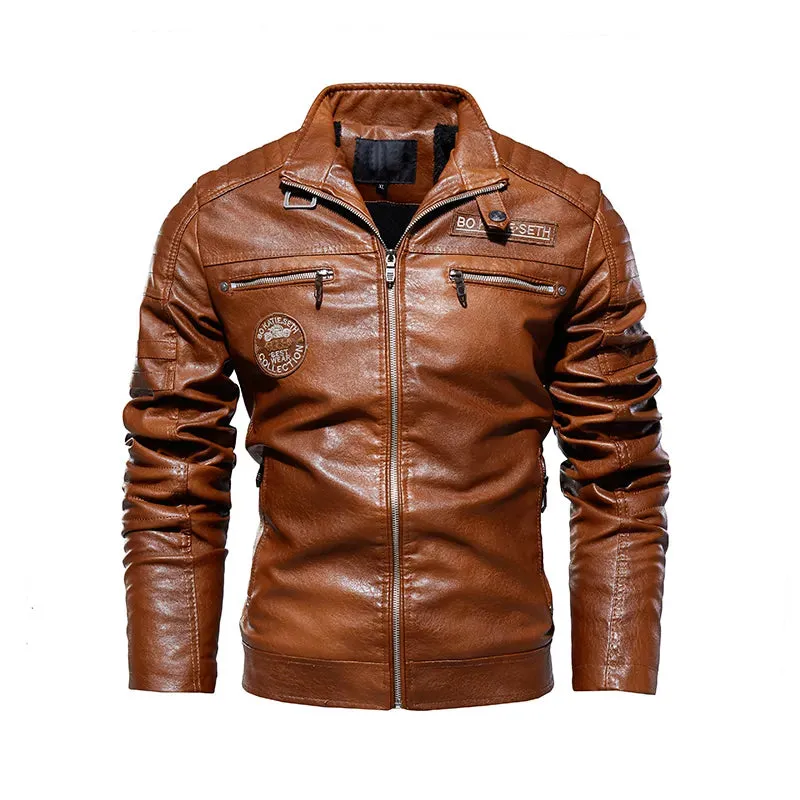 Men Winter Fleece Motorcycle Faux Leather Jacket