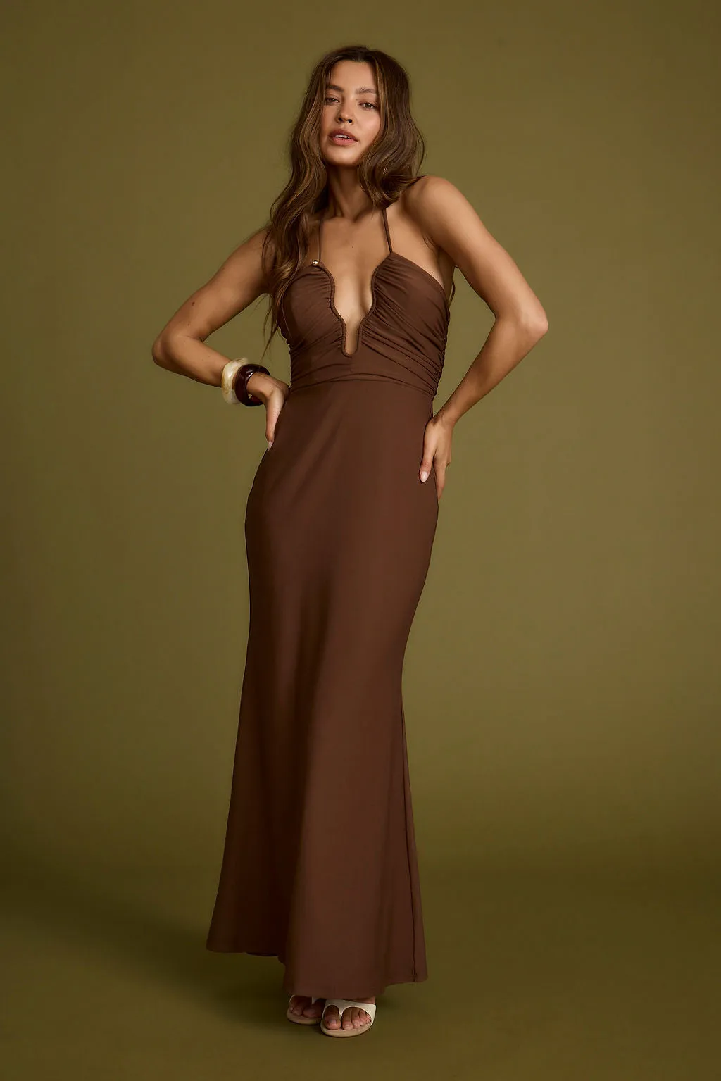 Mendoza Mocha Plunge Maxi Dress