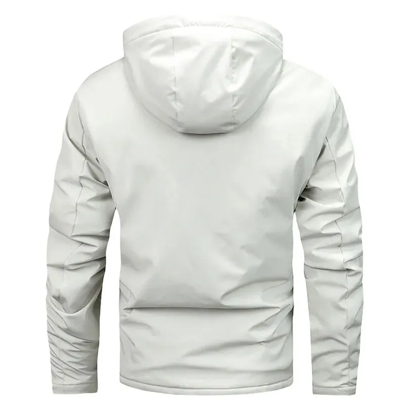 Men's Fleece Hooded Parkas Outdoor Multi-Pockets Waterproof Windbreaker Military Coats Hiking Fishing Solid Color Jackets Male