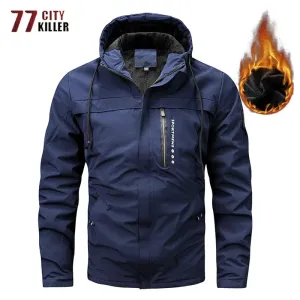 Men's Fleece Hooded Parkas Outdoor Multi-Pockets Waterproof Windbreaker Military Coats Hiking Fishing Solid Color Jackets Male