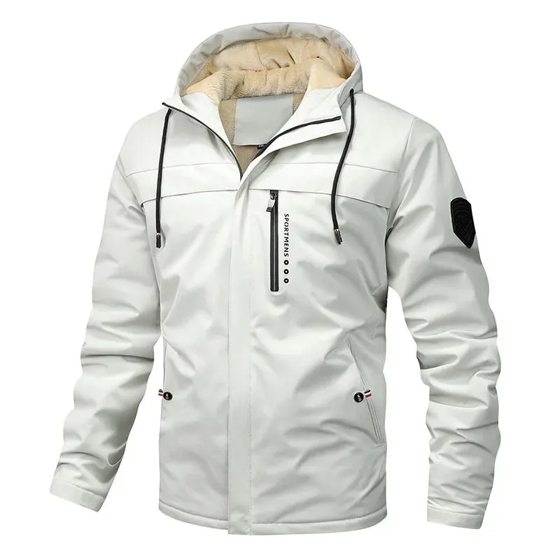 Men's Fleece Hooded Parkas Outdoor Multi-Pockets Waterproof Windbreaker Military Coats Hiking Fishing Solid Color Jackets Male