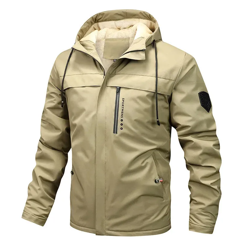 Men's Fleece Hooded Parkas Outdoor Multi-Pockets Waterproof Windbreaker Military Coats Hiking Fishing Solid Color Jackets Male