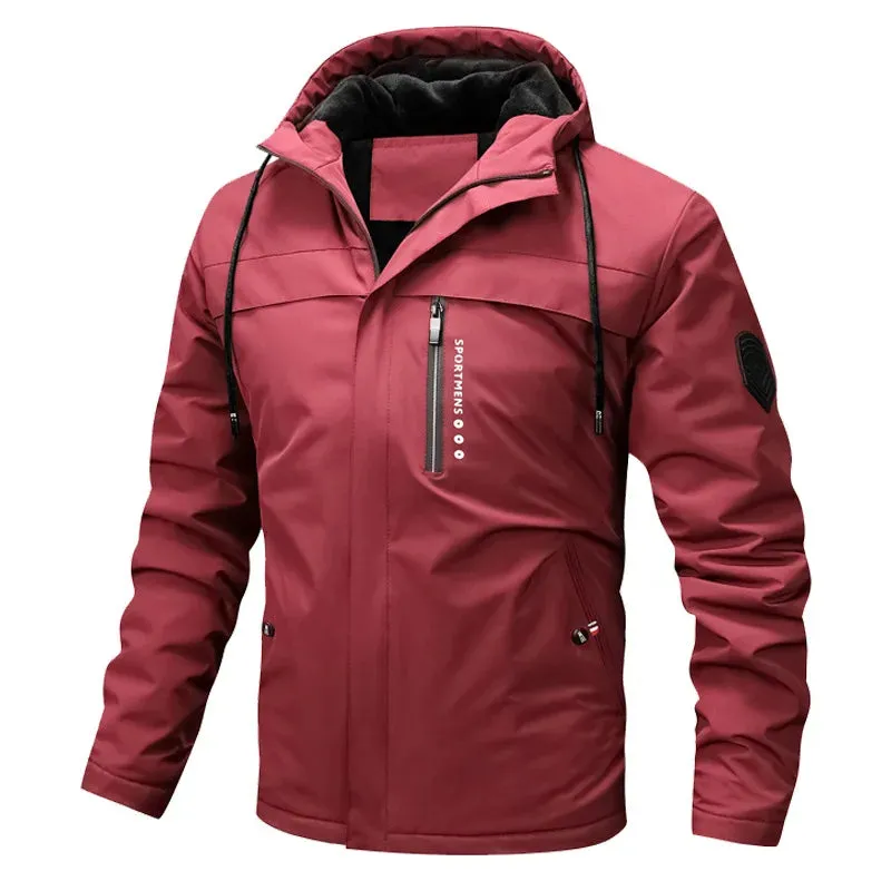 Men's Fleece Hooded Parkas Outdoor Multi-Pockets Waterproof Windbreaker Military Coats Hiking Fishing Solid Color Jackets Male