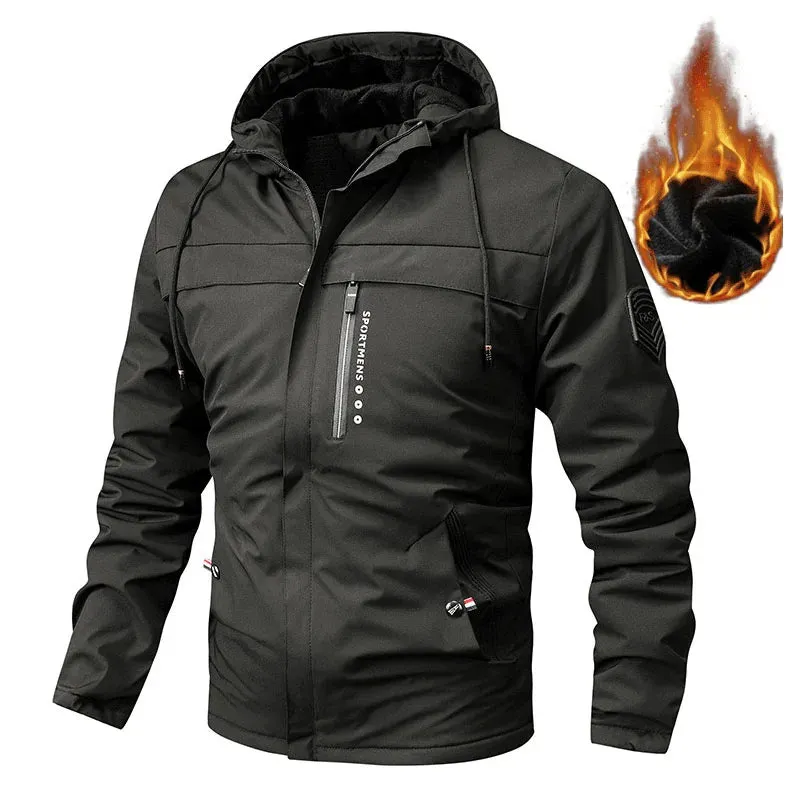 Men's Fleece Hooded Parkas Outdoor Multi-Pockets Waterproof Windbreaker Military Coats Hiking Fishing Solid Color Jackets Male