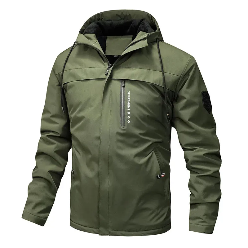 Men's Fleece Hooded Parkas Outdoor Multi-Pockets Waterproof Windbreaker Military Coats Hiking Fishing Solid Color Jackets Male