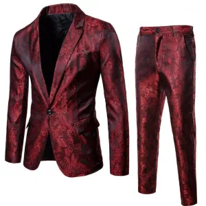Mens Formal Blazer Jacquard Suit Jacket Tux Coat Business Trousers