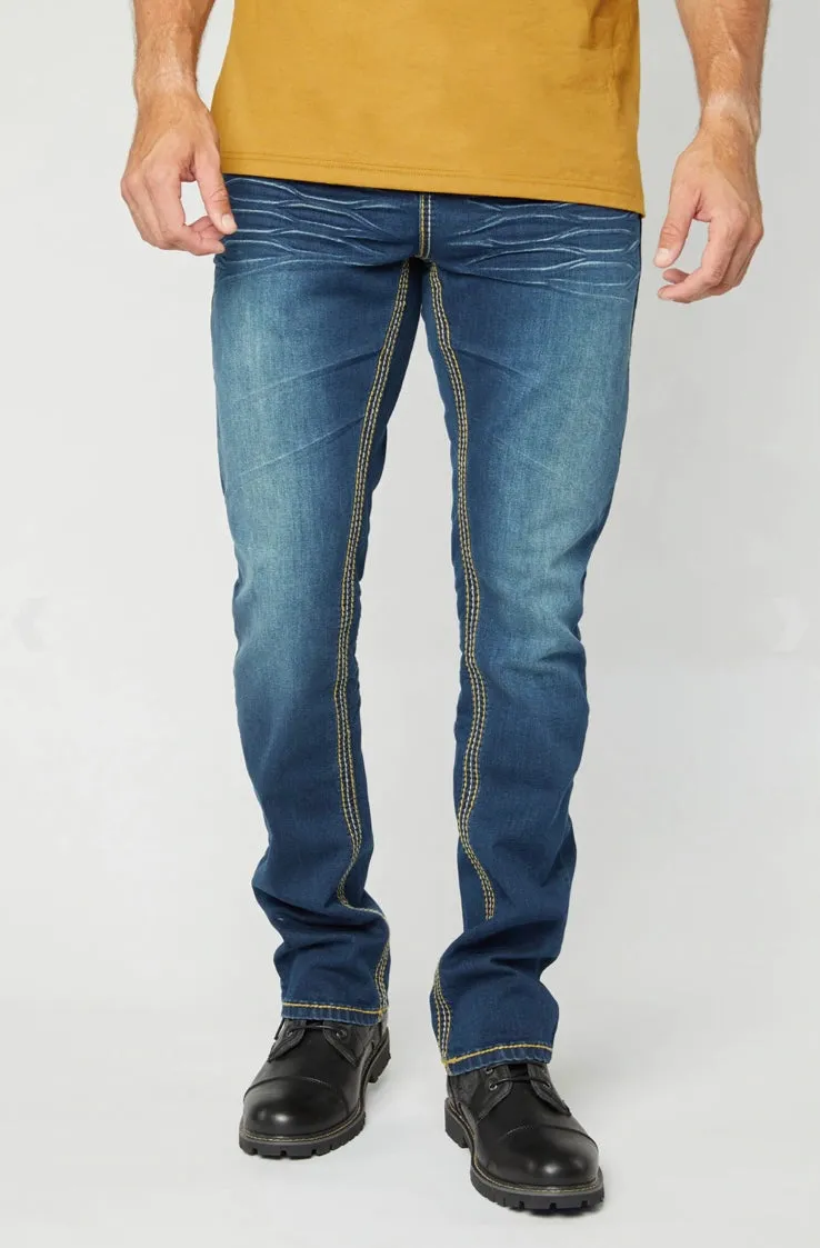 Men’s Platini Embroidered Medium Blue Slim Boot Cut Jeans