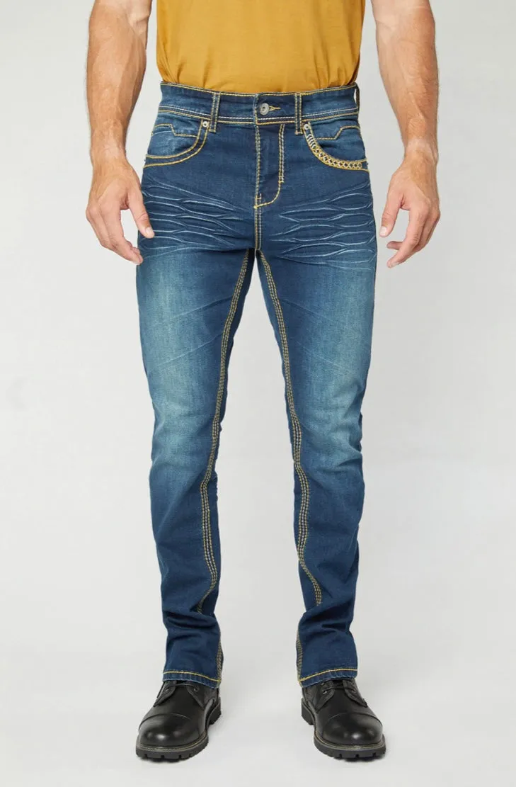 Men’s Platini Embroidered Medium Blue Slim Boot Cut Jeans
