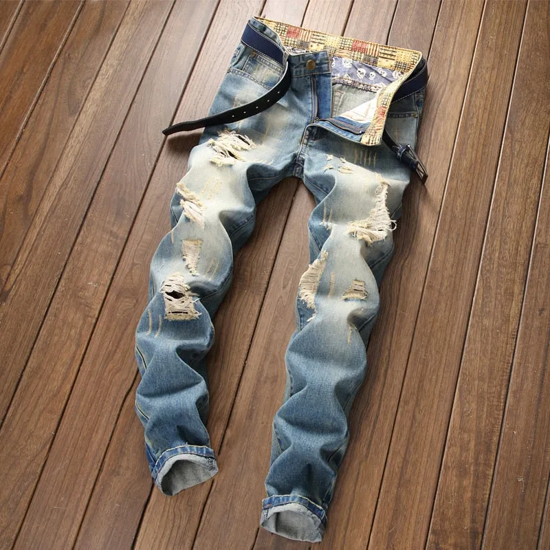 Men's Retro Light Blue Destroyed Pants Up To Size 40