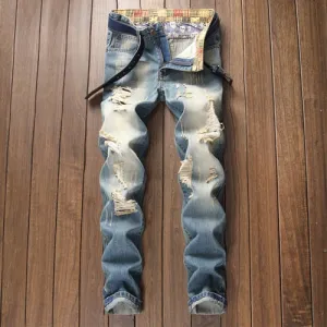 Men's Retro Light Blue Destroyed Pants Up To Size 40