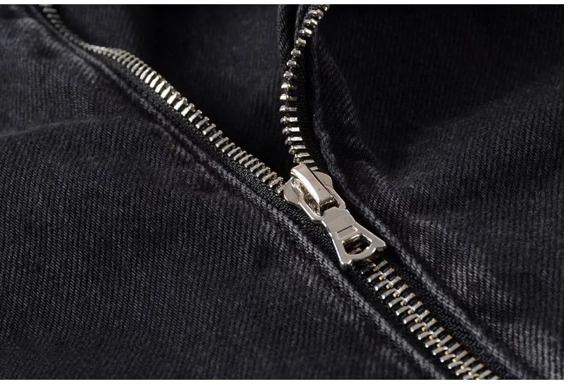 Men's zippers black biker jean jacket Streetwear thick denim slim coat with belt High quality