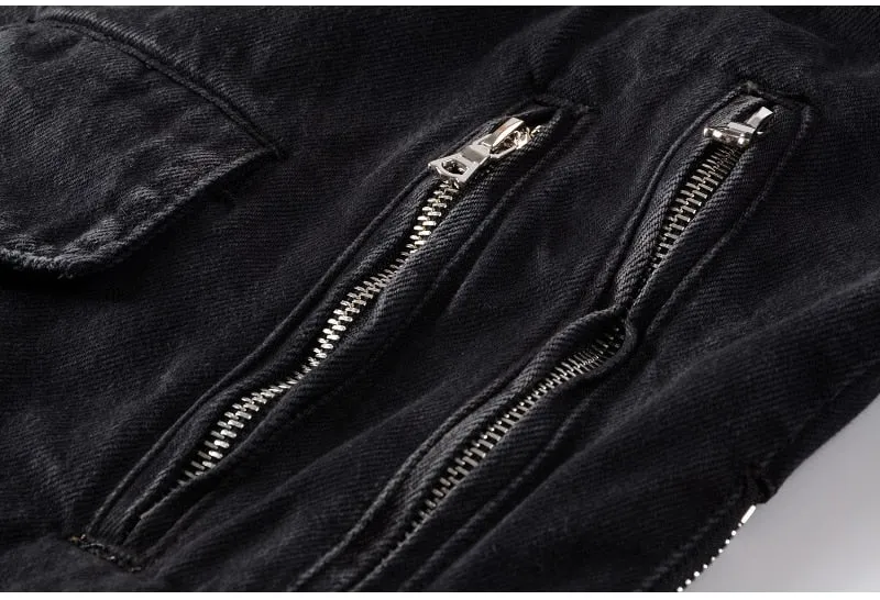 Men's zippers black biker jean jacket Streetwear thick denim slim coat with belt High quality