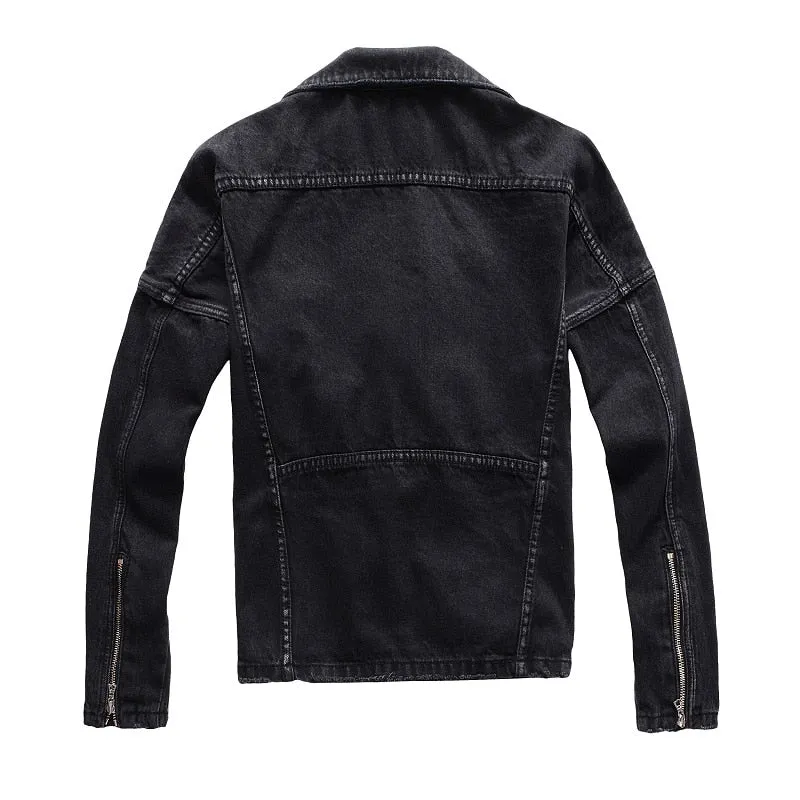 Men's zippers black biker jean jacket Streetwear thick denim slim coat with belt High quality