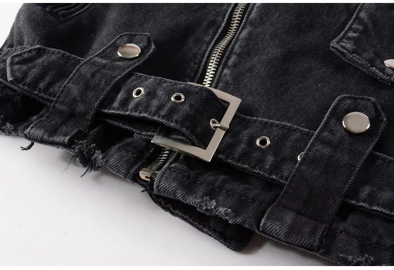 Men's zippers black biker jean jacket Streetwear thick denim slim coat with belt High quality
