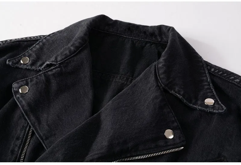 Men's zippers black biker jean jacket Streetwear thick denim slim coat with belt High quality