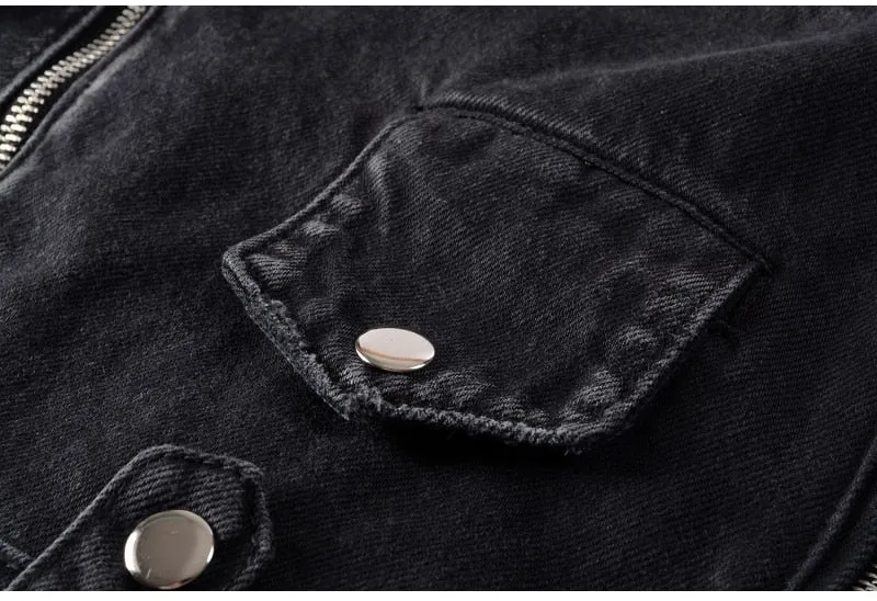 Men's zippers black biker jean jacket Streetwear thick denim slim coat with belt High quality