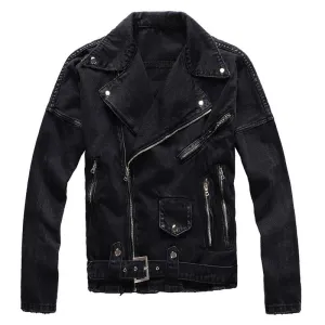Men's zippers black biker jean jacket Streetwear thick denim slim coat with belt High quality