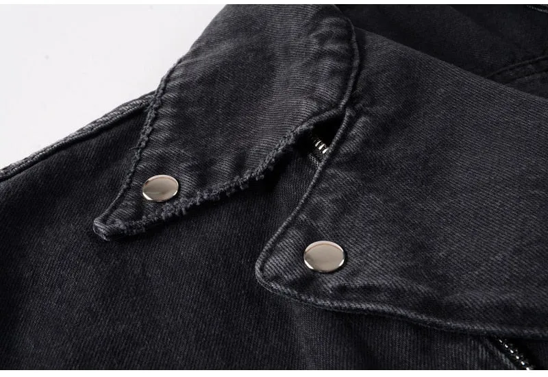 Men's zippers black biker jean jacket Streetwear thick denim slim coat with belt High quality