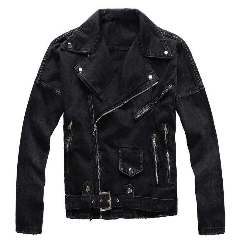 Men's zippers black biker jean jacket Streetwear thick denim slim coat with belt High quality