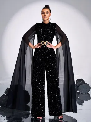 Mesh Sleeve Glitter Black Jumpsuits GM00624