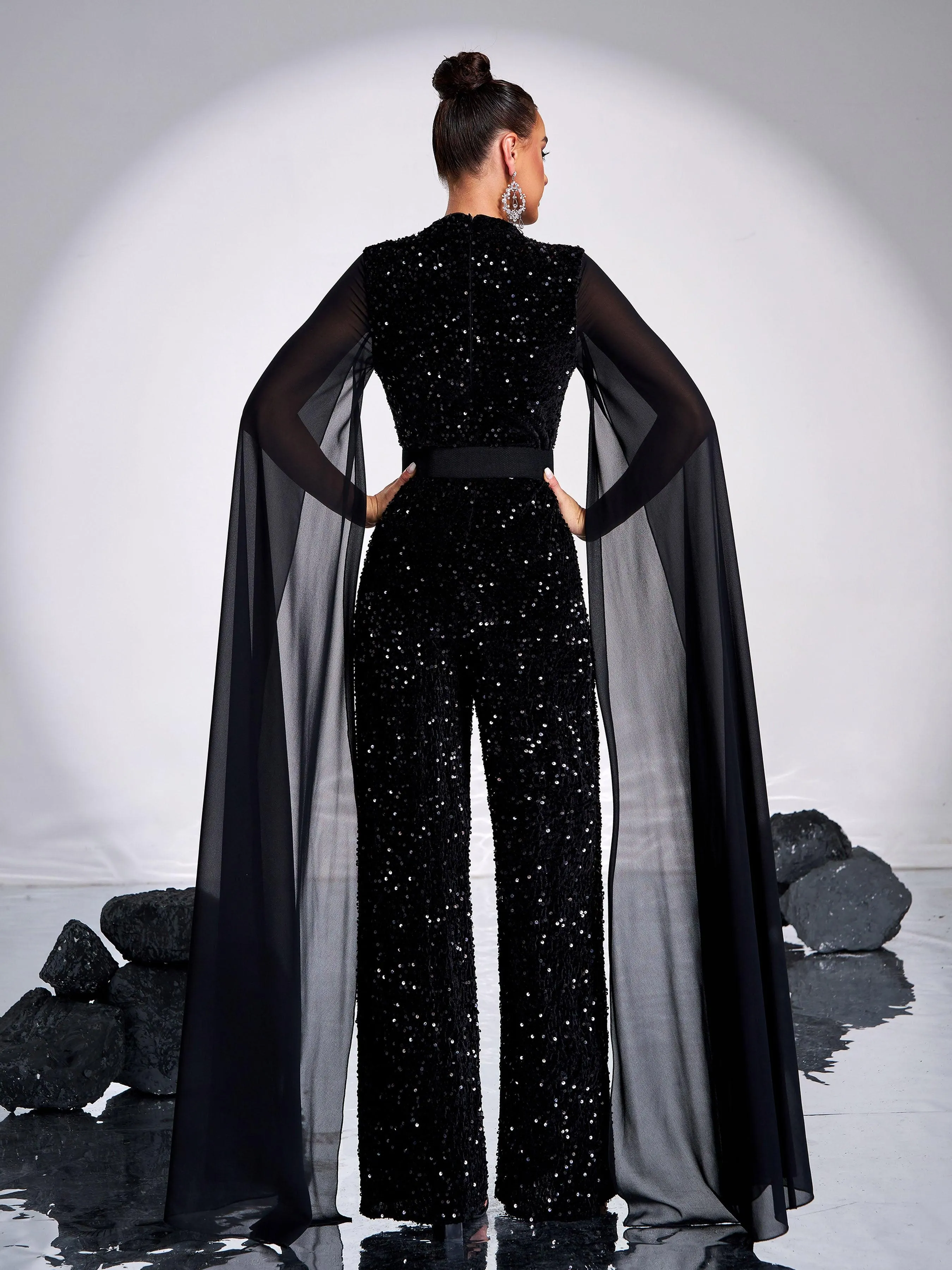 Mesh Sleeve Glitter Black Jumpsuits GM00624