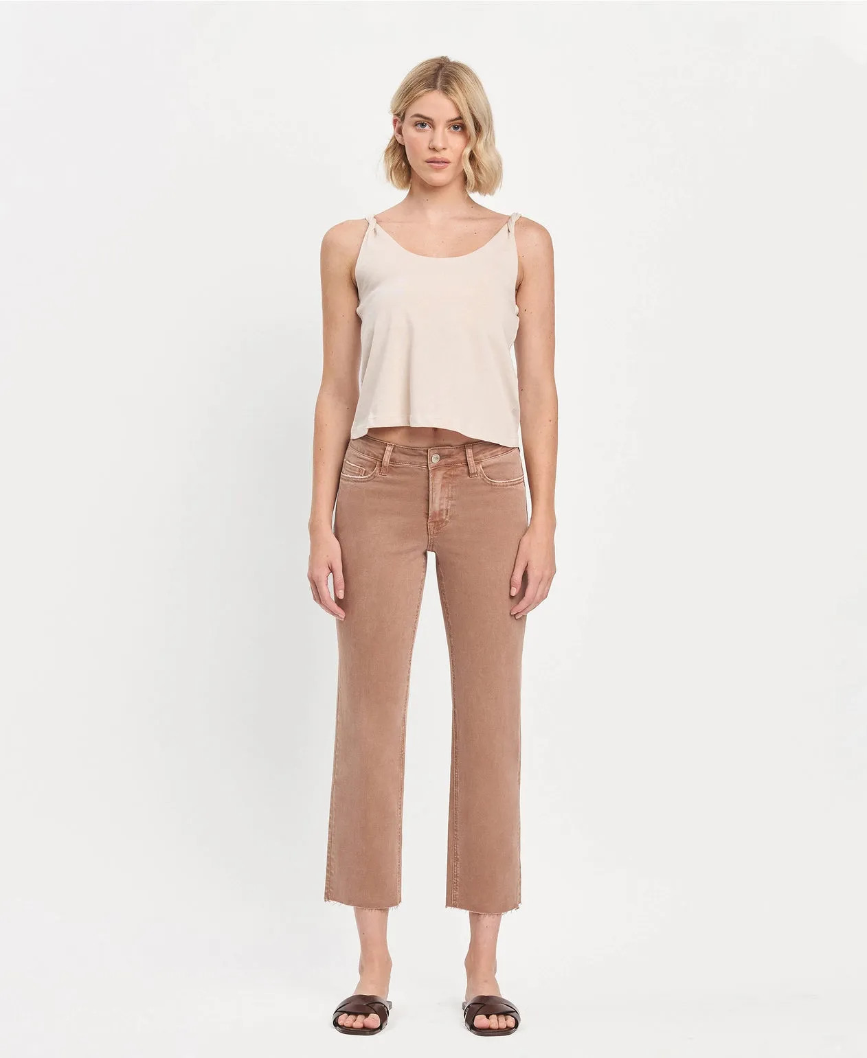 Mid Rise Crop Raw Hem Straight Jeans