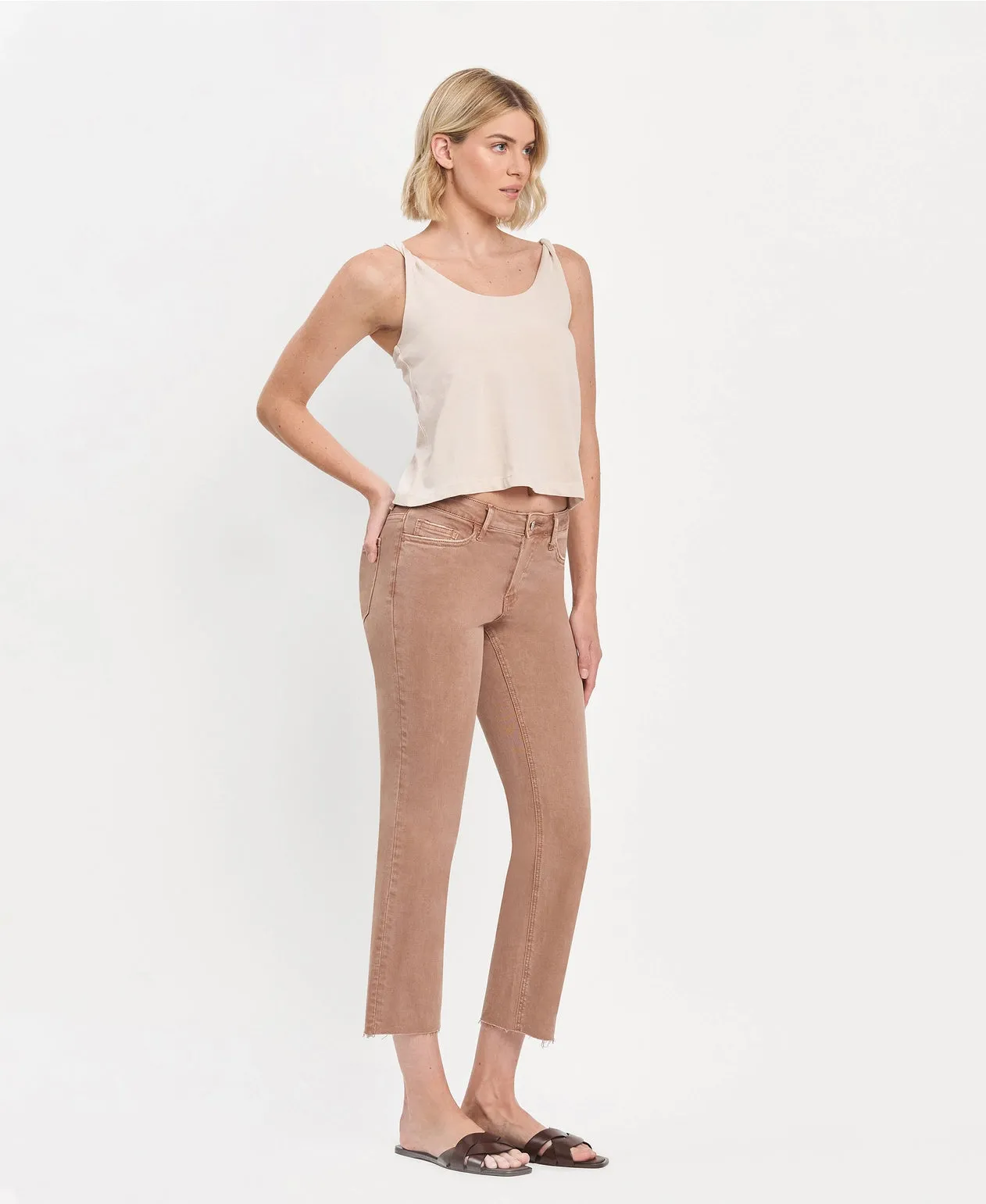 Mid Rise Crop Raw Hem Straight Jeans
