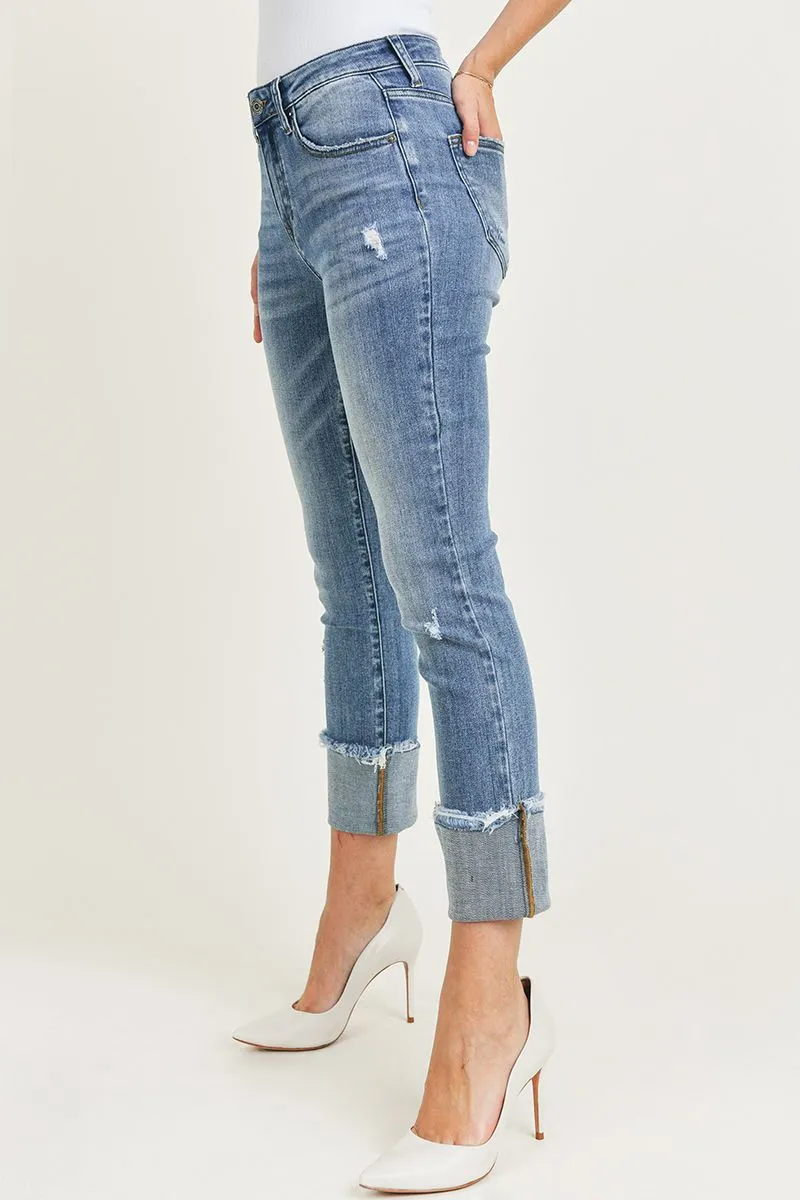 Mid Rise Cuffed Slim Straight Jeans