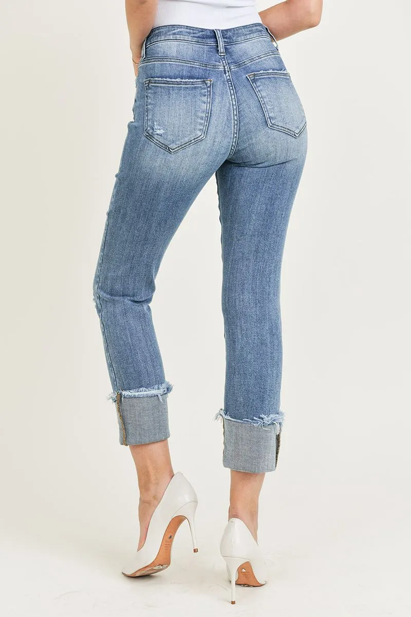 Mid Rise Cuffed Slim Straight Jeans
