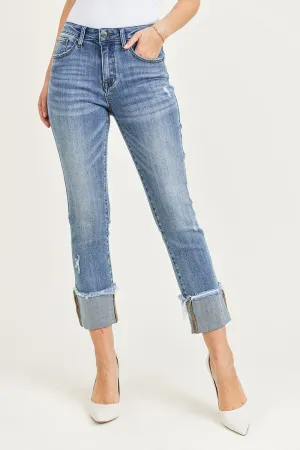 Mid Rise Cuffed Slim Straight Jeans