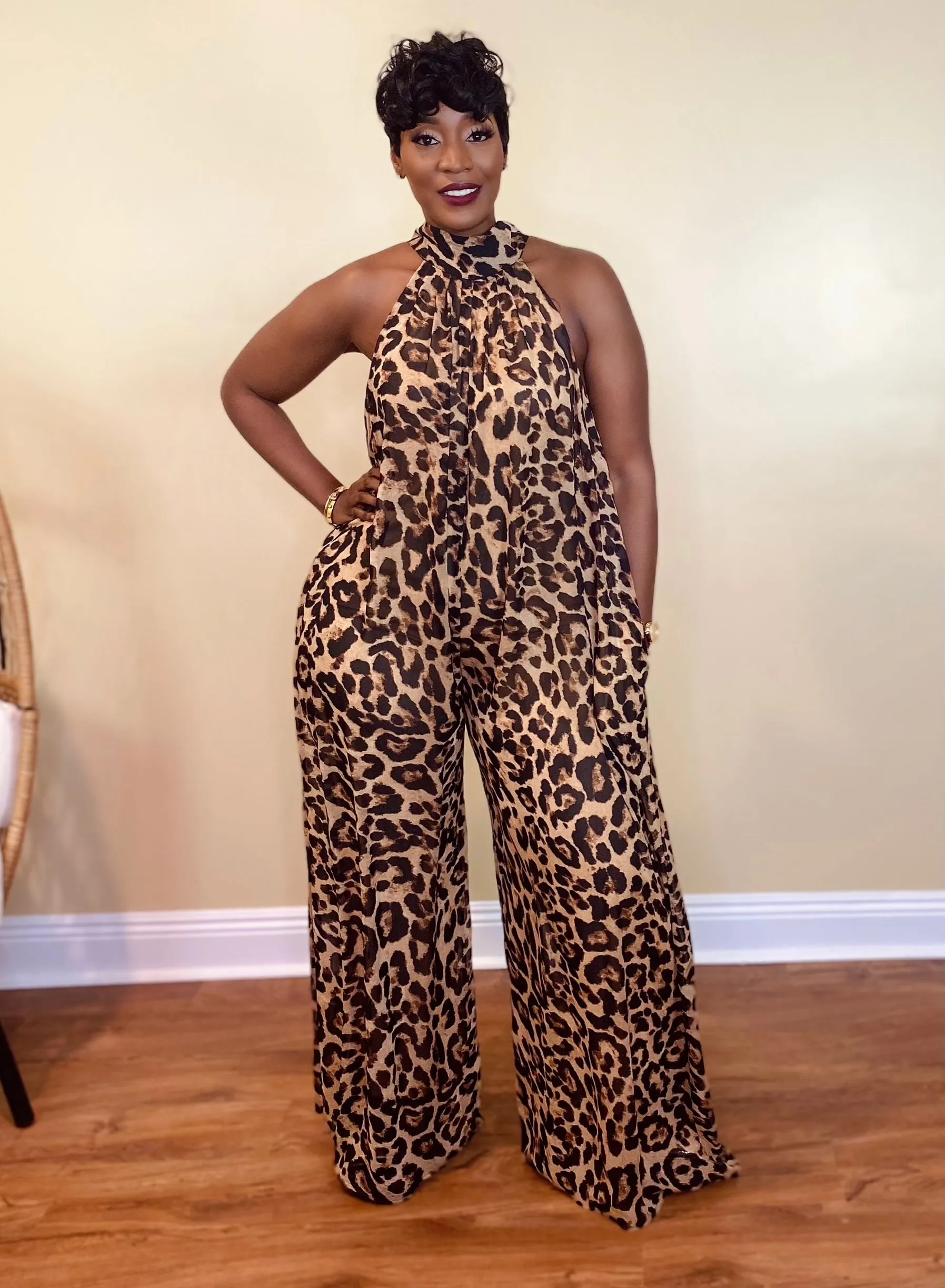 MOCK NECK LEOPARD JUMPSUIT